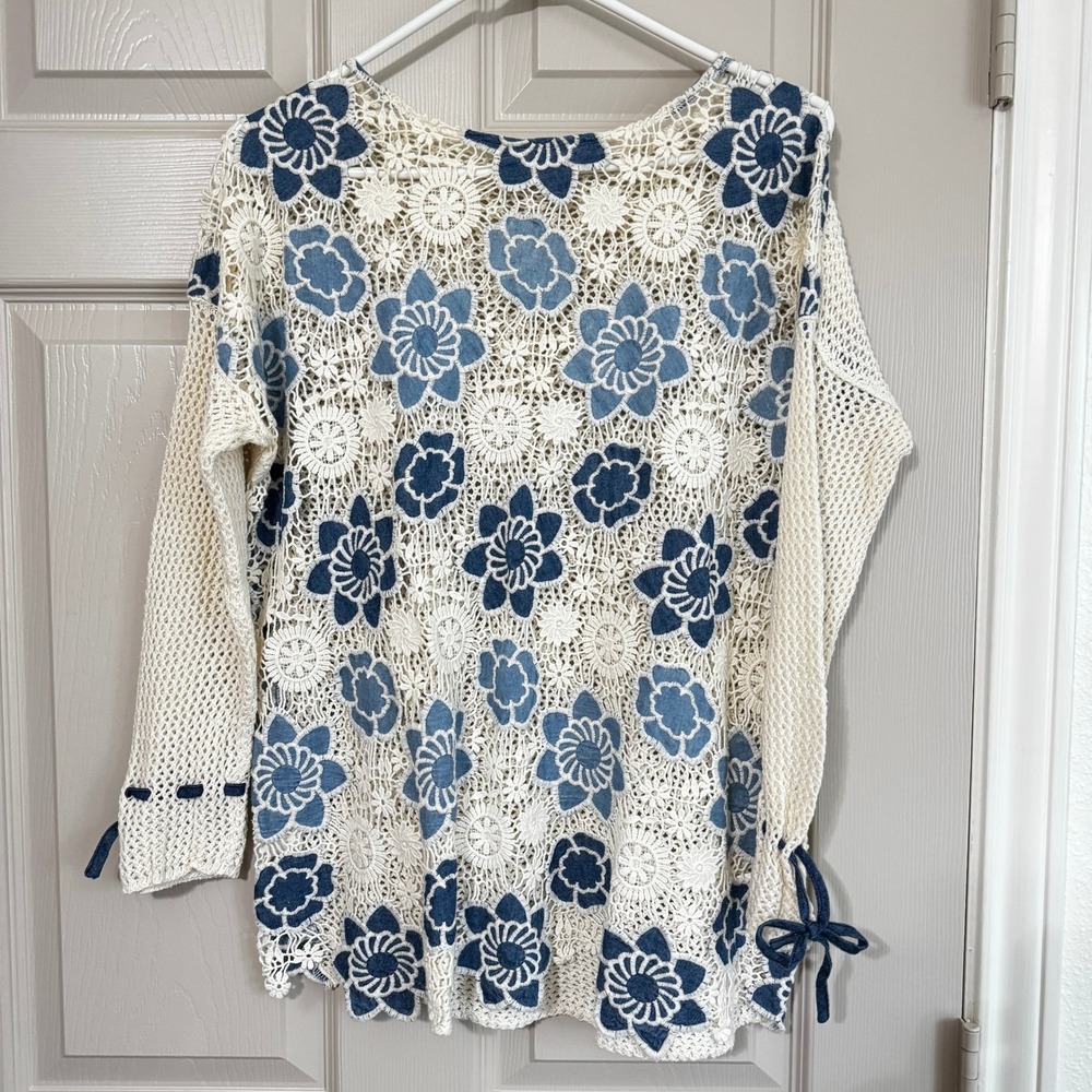 Desigual Womens Small Blue Cream Floral Crochet Lace Mesh Boho Top Tie Cuff
